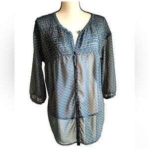 Zara TRF Blouse Pleat Front Blue Yellow Dot Sheer Large